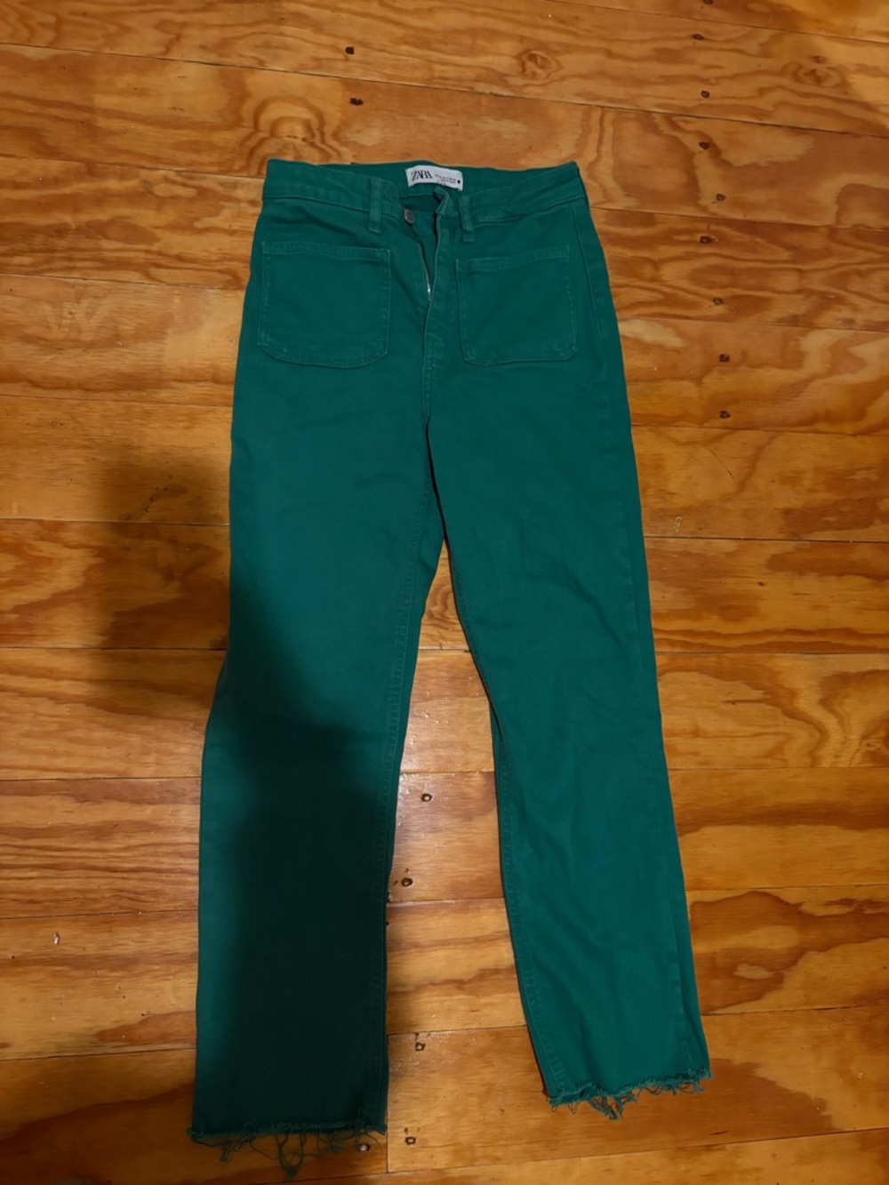 Zara Teal Straight-Leg Jeans with Frayed Hem